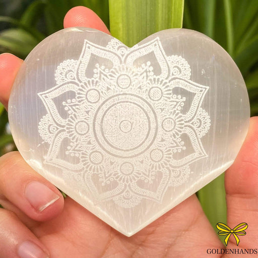Crystal Magick Crystal Selenite Heart Engraved Mandala Flower 49H-MAND
