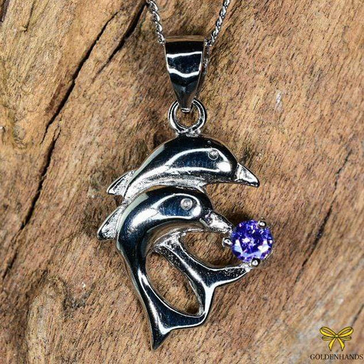 Zilver Designs Silver Jewellery Dolphins Purple Cubic Zirconia Solid 925 Sterling Silver Pendant SP2018