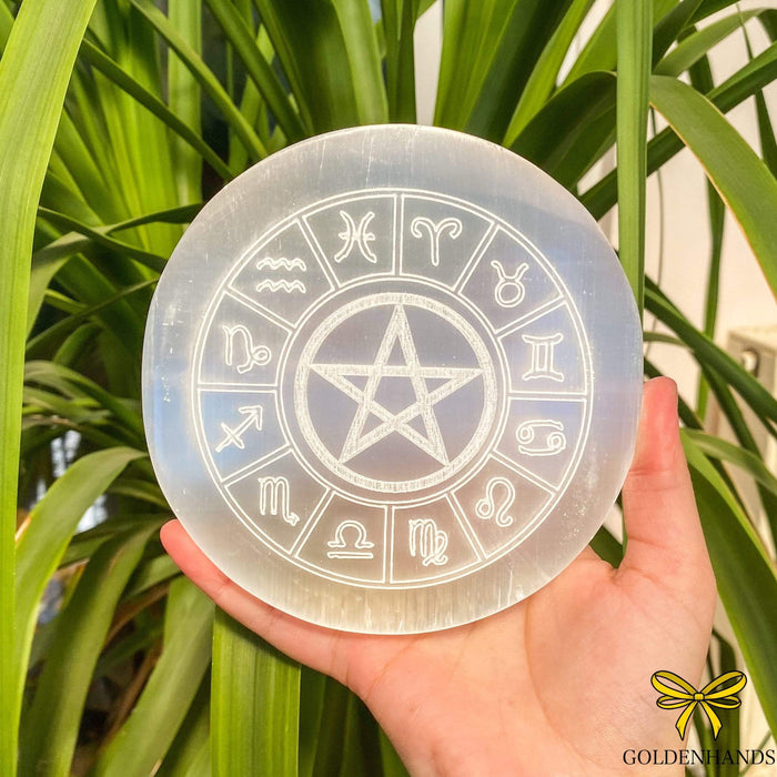 Crystal Magick Crystal Selenite Large Engraved Pentagram Zodaic Charging Plate 49LCP-ZOD