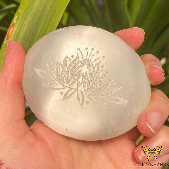 Crystal Magick Crystal Selenite Lotus Flower Engraved Palm Stone 49PS-LOTUS