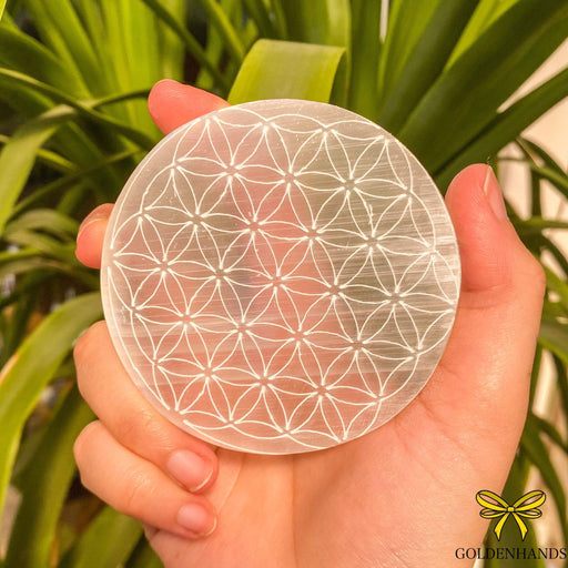 Crystal Magick Crystal Selenite Small Engraved Flower of Life Mandala Charging Plate 49CP-MAND