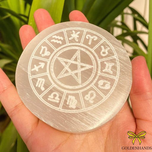 Crystal Magick Crystal Selenite Small Engraved Pentagram Zodaic Charging Plate 49CP-ZOD