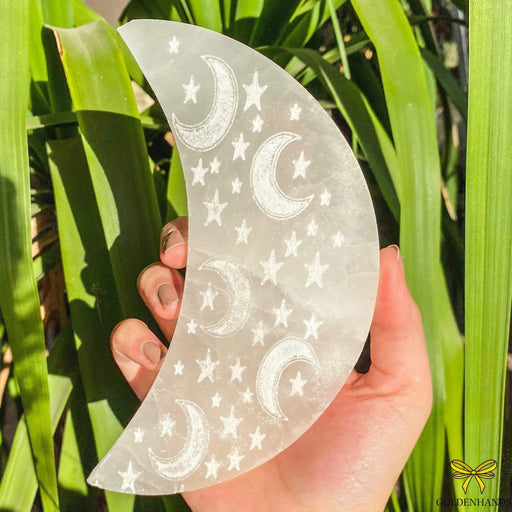 Dolphin Minerals Crystal Large Selenite Moon Etched With a Star And Moon Design Etched Moon Large