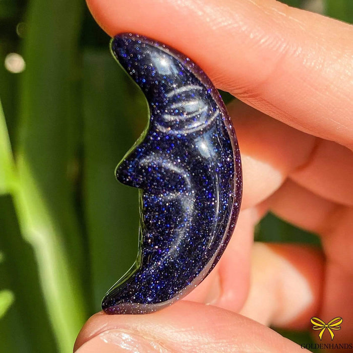 Dolphin Minerals Gemstone Large Blue Goldstone Carved Moon