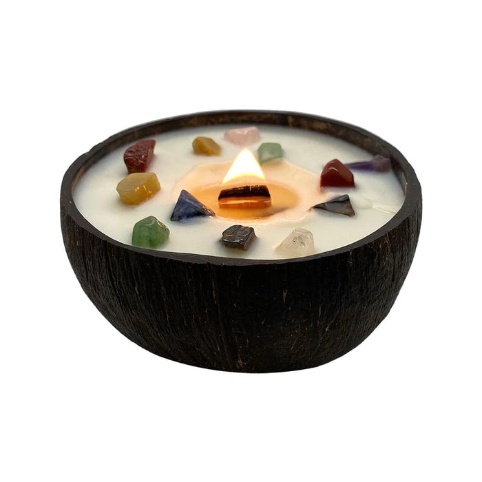 GLOBAL 1ST Gemstone Natural Coconut Shell Unscented Candle Chakra Gemstones VN-4418-CNDL-COCO-7CK