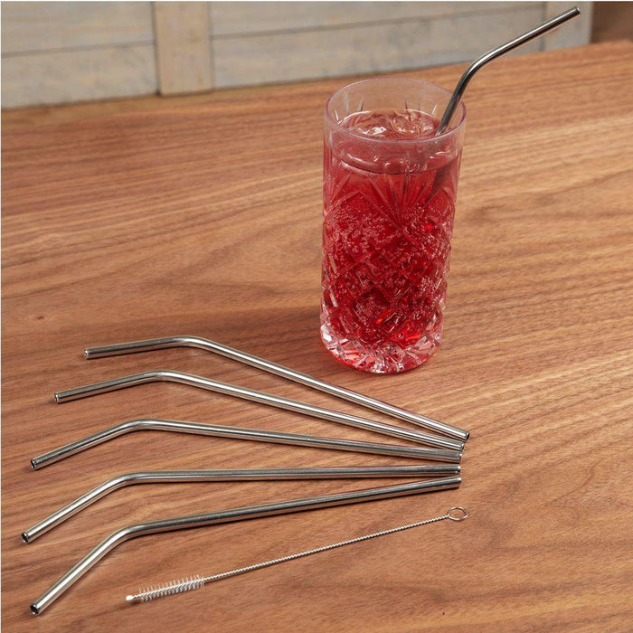 Widdop and Co. Drinking Straw Set Of 6 Angled Steel Drinking Straws and Cleaning Brush HM1977