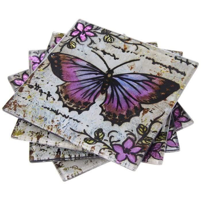 Joe Davies Glass Tableware Lavender Butterfly 4 Coasters 40638