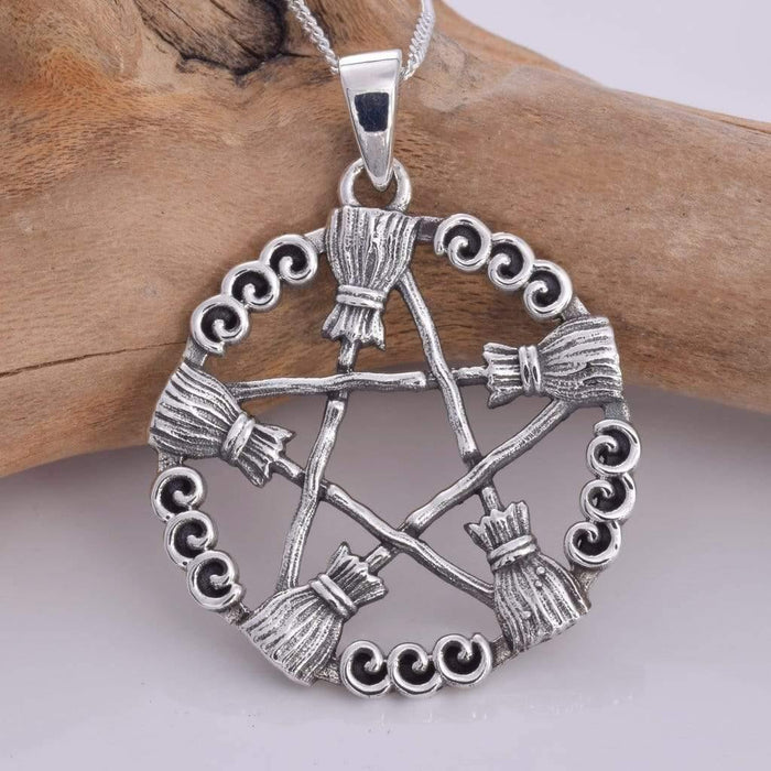 Seventh Sense Silver Jewellery Besom Pentagram Solid 925 Sterling Silver Pendant P635