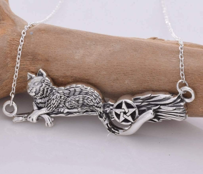 Seventh Sense Silver Jewellery Cat on a Broomstick Solid 925 Sterling Silver Necklace P443