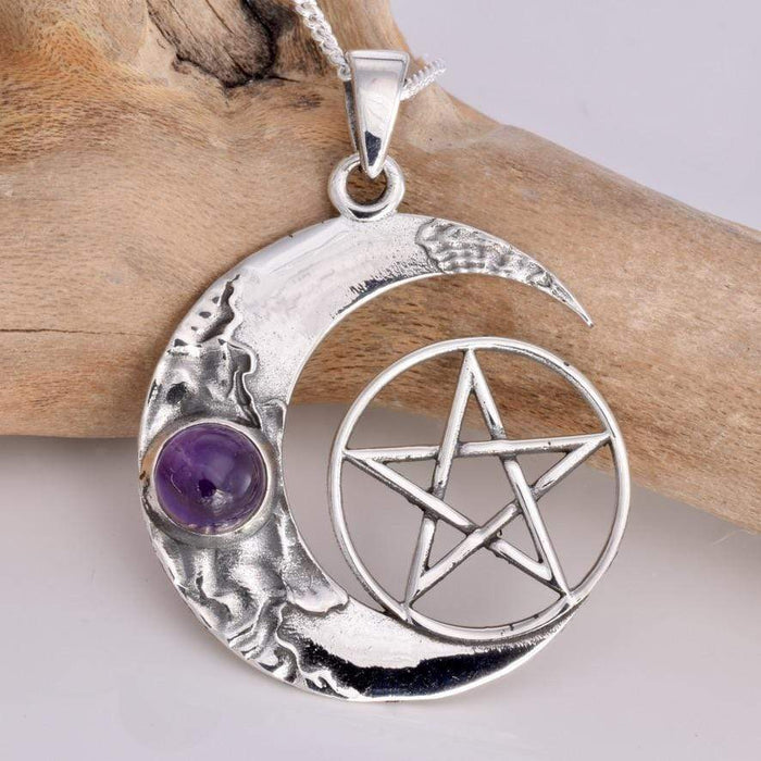 Seventh Sense Silver Jewellery Crescent Moon and Pentagram Solid 925 Sterling Silver Pendant P345
