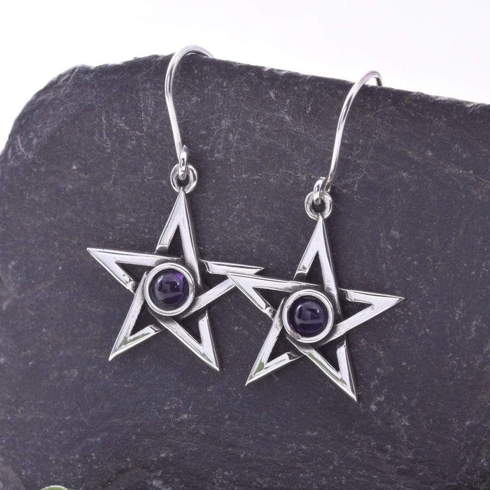 Seventh Sense Silver Jewellery Pentagram and Amethyst Solid 925 Sterling Silver Earrings E393