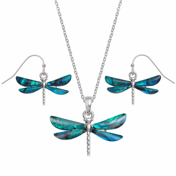TALBOT FASHIONS LLP Jewellery Blue Paua Shell Dragonfly Necklace & Earrings TJ033
