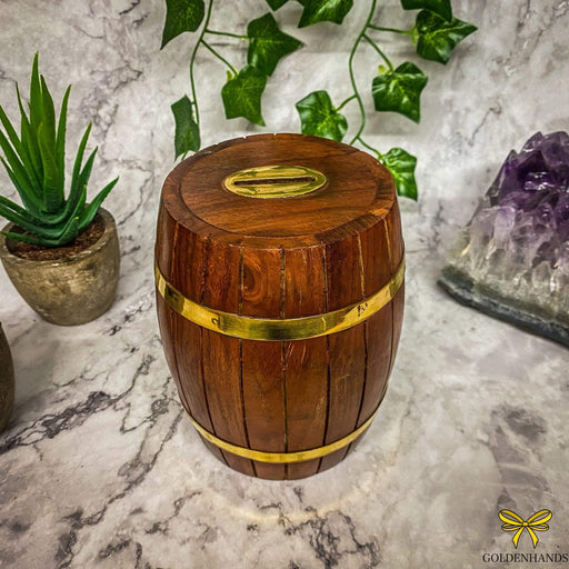 Verma Enterprises Trinket Box Barrel Money Wooden Box With Brass Inlay GS-2