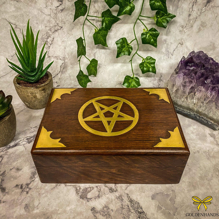 Verma Enterprises Trinket Box Pentagram Wooden Box with Brass Inlay 167