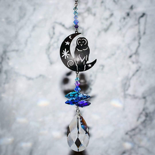 Wild Things Hanging Crystal Barn Owl on Moon Hanging Crystal Fantasy Rainbow Maker with Swarovski® Crystal 8061-BOM-MLT