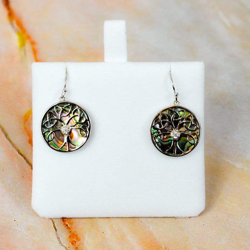 Zilver Designs Silver Jewellery Paua Shell Tree Of Life and Crystal Cubic Zirconia Solid 925 Sterling Silver Hook Earrings SE4215